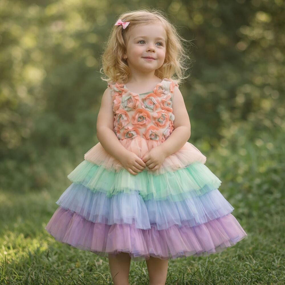 Rainbow Tulle Party Dress Toddler 2T 3T Size 90 Rosette Floral Dreamy Birthday